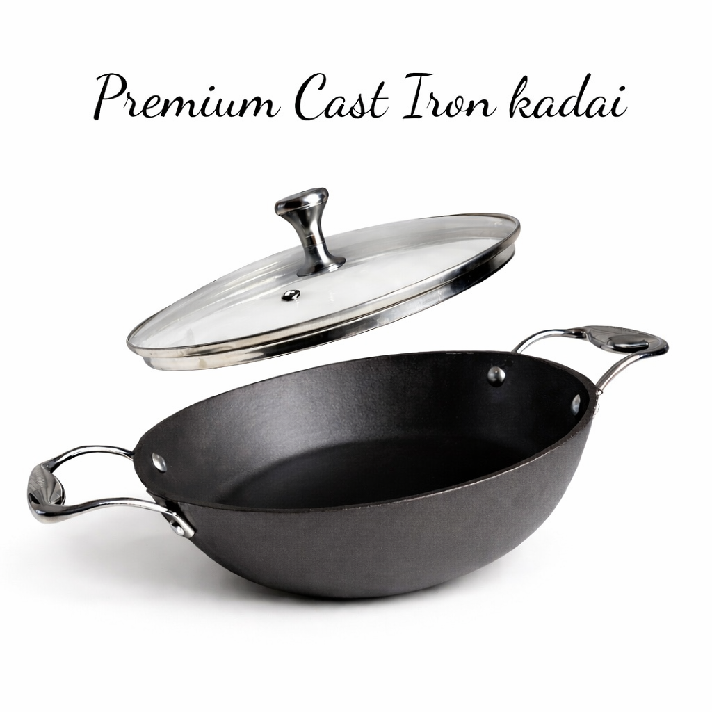 KANIRA Cast Iron Combo Set – 24cm Kadhai with Glass Lid & 30cm Dosa Tawa