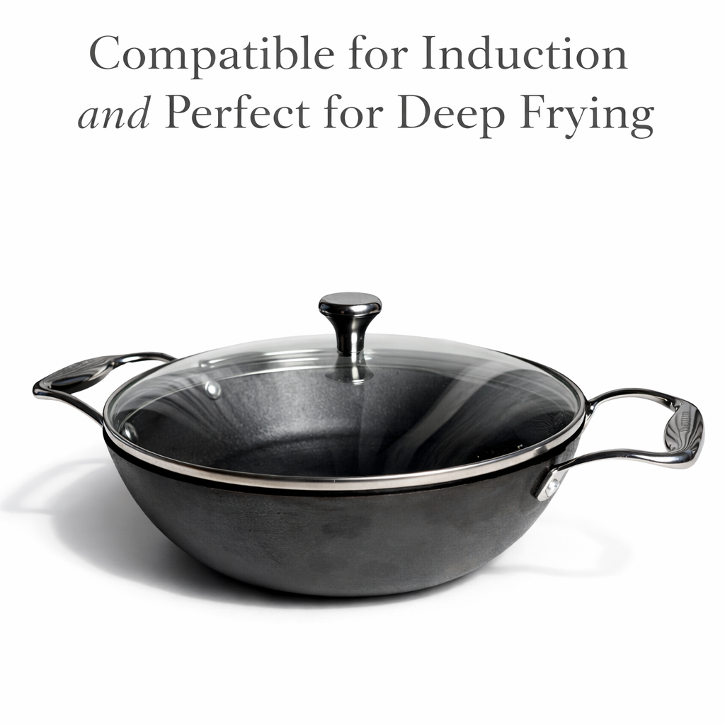 KANIRA 2-Piece Cast Iron Cookware Set – Kadhai & Double Handle Pan with Glass Lids