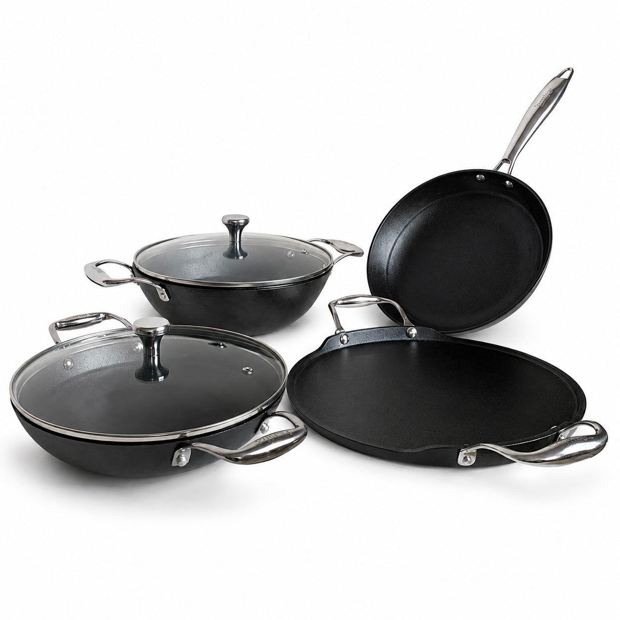 KANIRA 4-Piece Pre-Seasoned Cast Iron Cookware Set with 2 Glass Lids