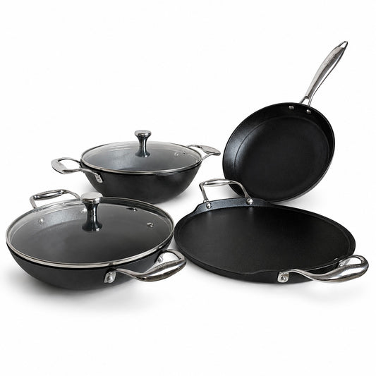 KANIRA 4-Piece Pre-Seasoned Cast Iron Cookware Set with 2 Glass Lids