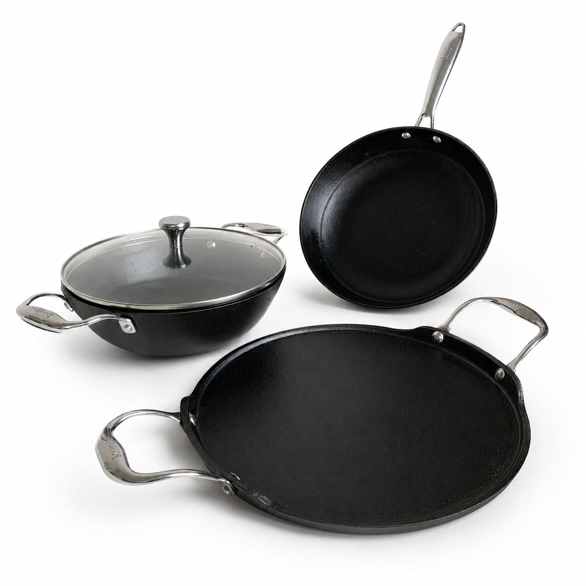 KANIRA 3-Piece Cast Iron Cookware Set – Kadhai with Lid, Frying Pan & Dosa Tawa