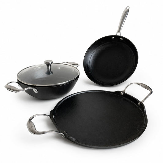 KANIRA 3-Piece Cast Iron Cookware Set – Kadhai with Lid, Frying Pan & Dosa Tawa