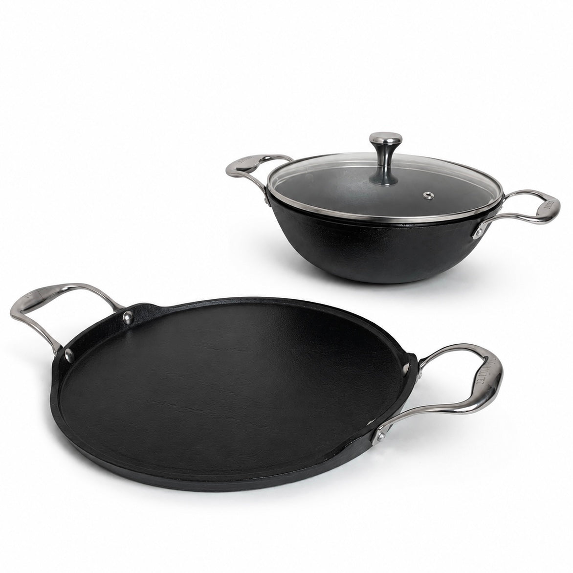 KANIRA Cast Iron Combo Set – 24cm Kadhai with Glass Lid & 30cm Dosa Tawa