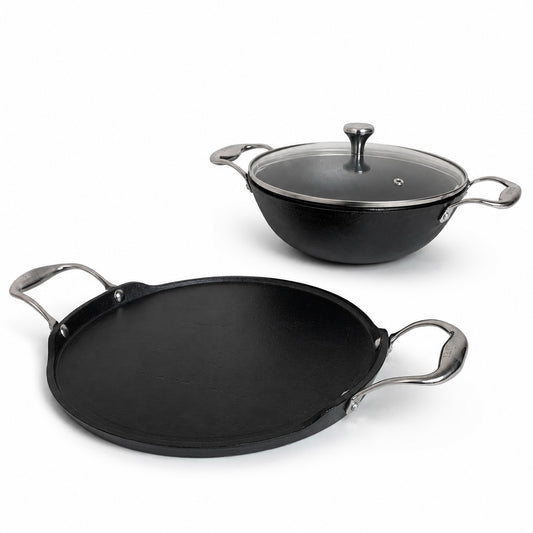 KANIRA Cast Iron Combo Set – 24cm Kadhai with Glass Lid & 30cm Dosa Tawa