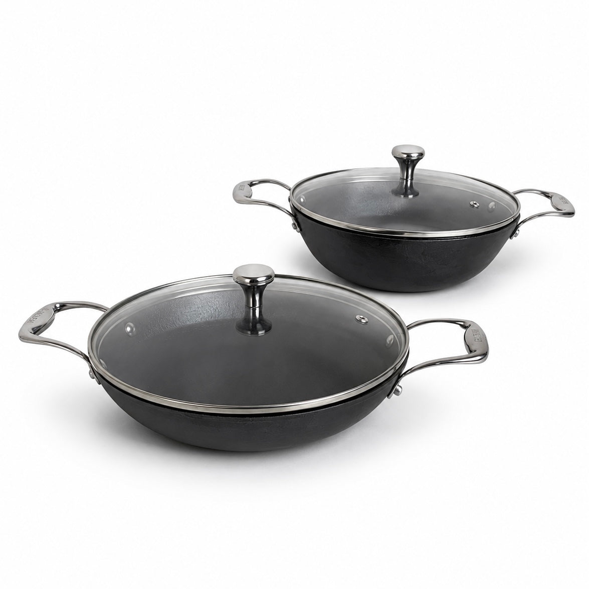 KANIRA 2-Piece Cast Iron Cookware Set – Kadhai & Double Handle Pan with Glass Lids