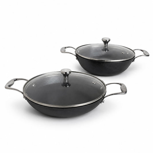 KANIRA 2-Piece Cast Iron Cookware Set – Kadhai & Double Handle Pan with Glass Lids