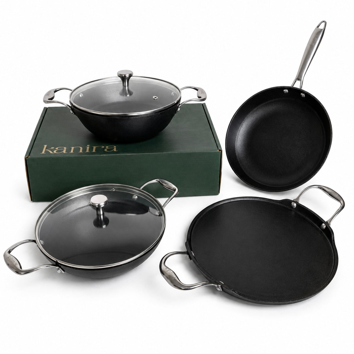 KANIRA 4-Piece Pre-Seasoned Cast Iron Cookware Set with 2 Glass Lids